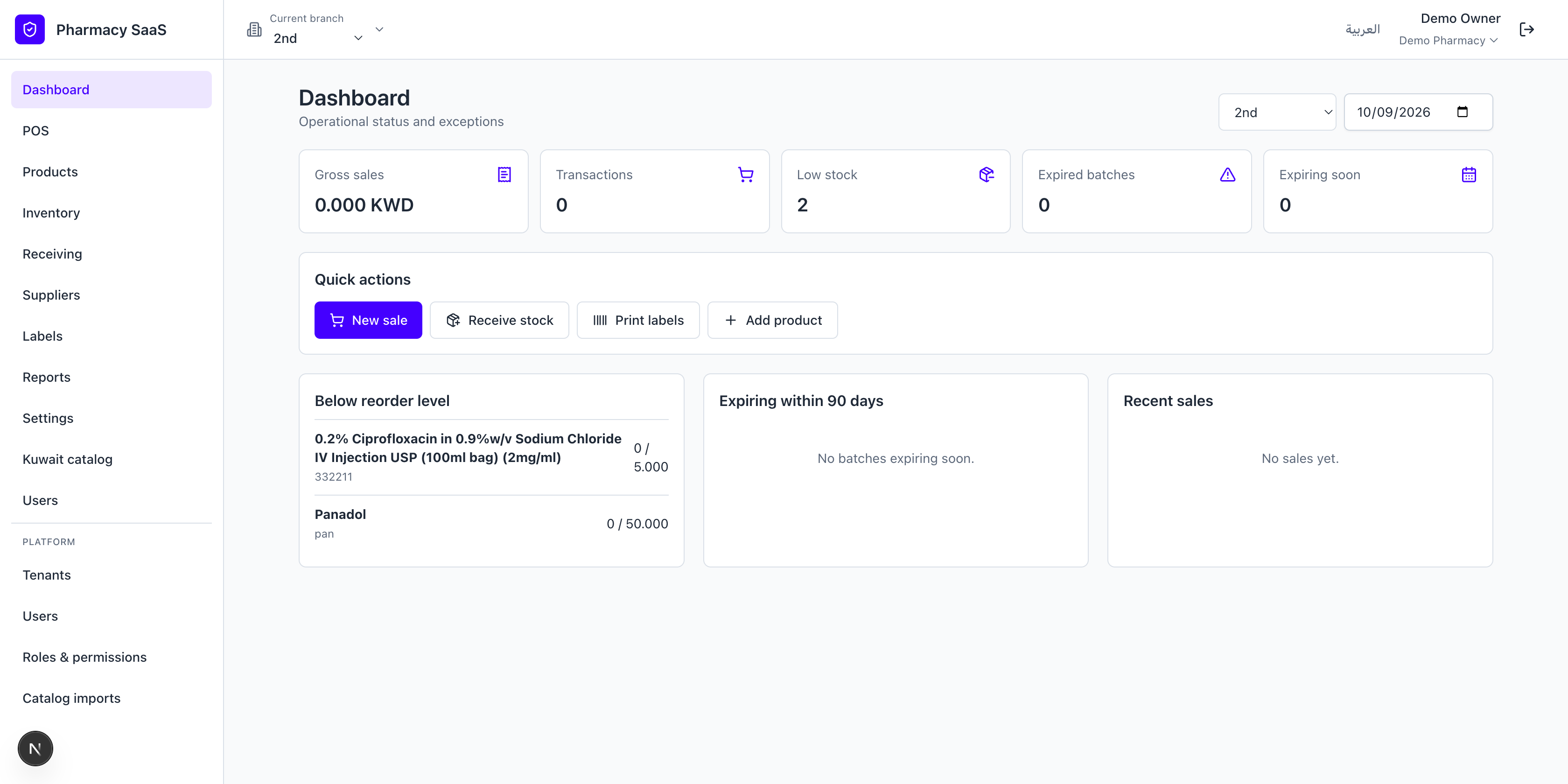 Checkout Core dashboard showing sales, stock, and expiry attention